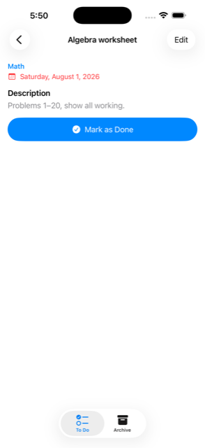 An assignment called Algebra worksheet, showing its class, an overdue due date in red, a description, and a Mark as Done button.