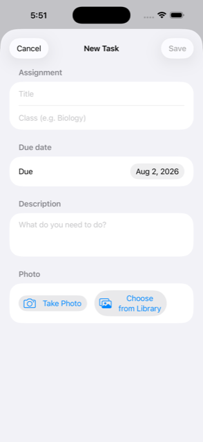 The New Task screen, with fields for a title, class, due date, description, and buttons to take a photo or choose one from the library.