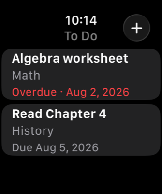 The Apple Watch app listing two pending assignments with their classes and due dates.