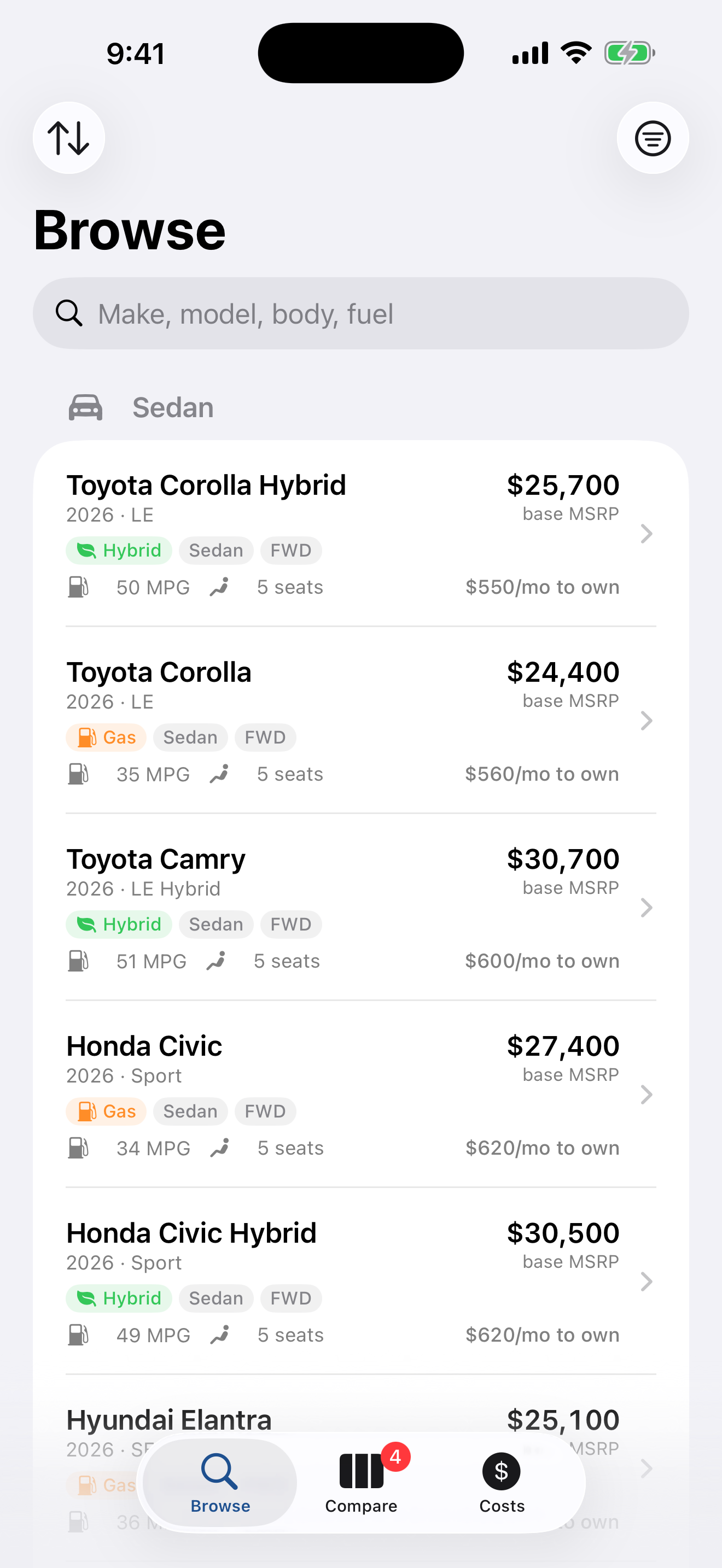 A list of 2026 sedans — Corolla Hybrid, Corolla, Camry, Civic — each showing its base price, combined MPG, seats, and what it costs per month to own.