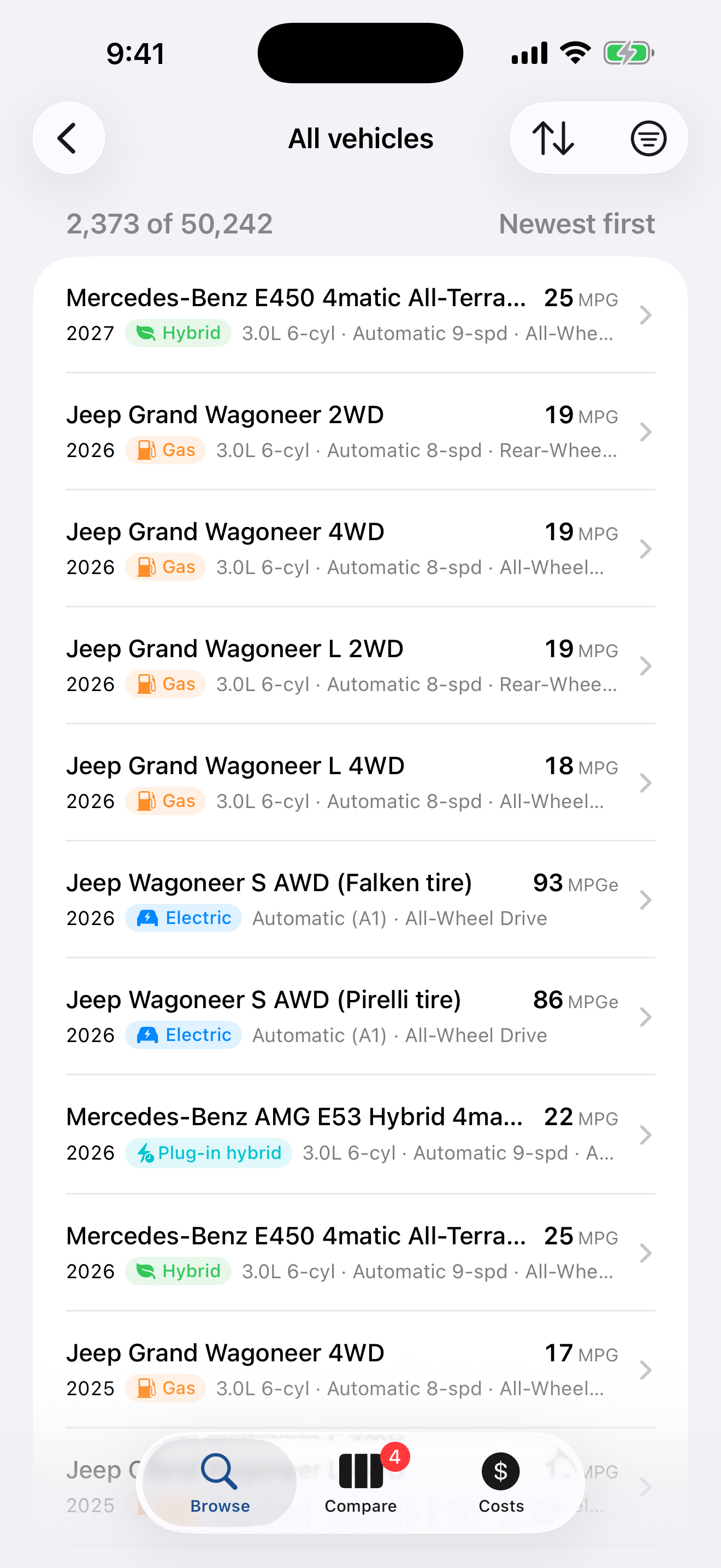 A list headed 2,373 of 50,242 showing Jeep Grand Wagoneer, Jeep Wagoneer S and Mercedes-Benz E450 entries with their model years, fuel types and MPG.