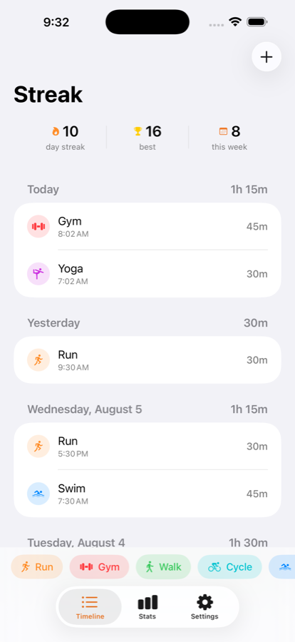 The Streak timeline showing a 10 day streak, a best of 16 and 8 activities this week, with today's Gym and Yoga entries totalling 1 hour 15 minutes and earlier days grouped underneath with their own totals.