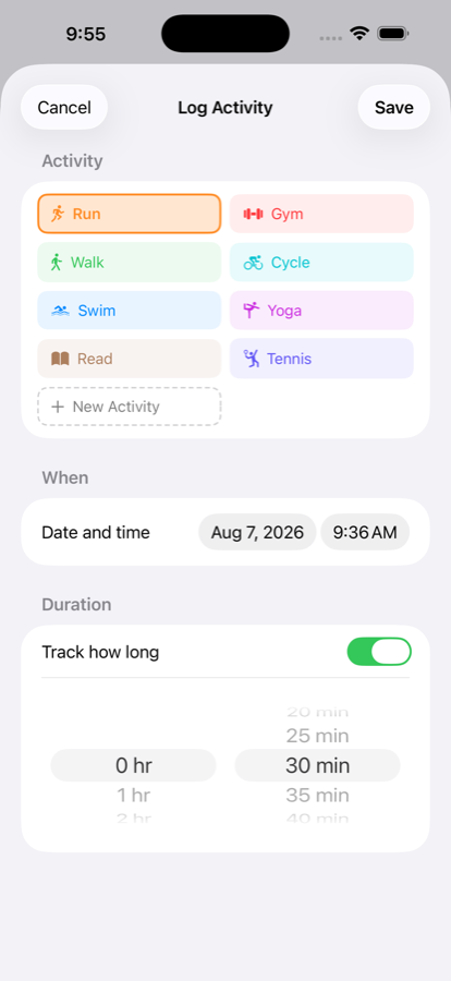 The Log Activity screen with a grid of coloured activity buttons, a date and time row, and a duration picker set to 30 minutes.