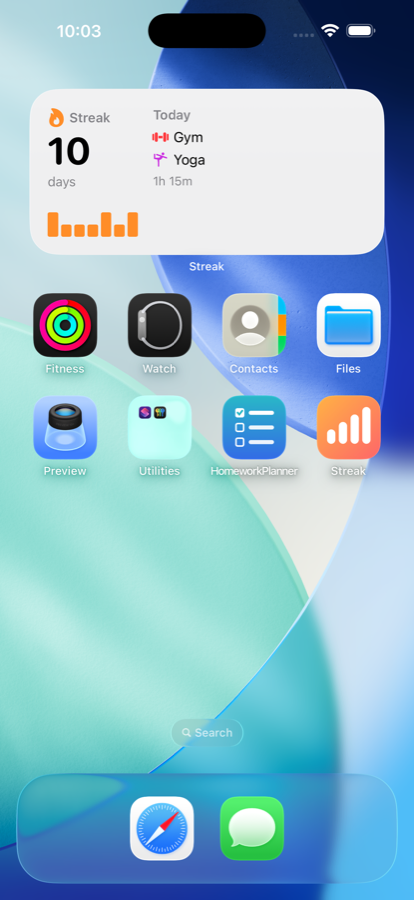 An iPhone home screen with the Streak widget showing a 10 day streak, today's Gym and Yoga entries totalling 1 hour 15 minutes, and a seven day bar chart.