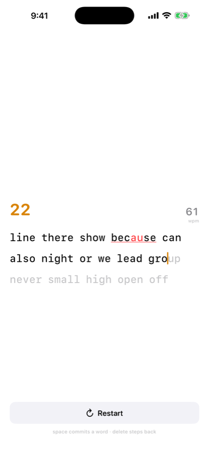 A test underway with 22 seconds left and 61 wpm showing. The words line, there and show are in black because they were typed correctly, because is marked with a red au and a red underline where the letters were transposed, and the caret sits inside group with the last two letters still grey.