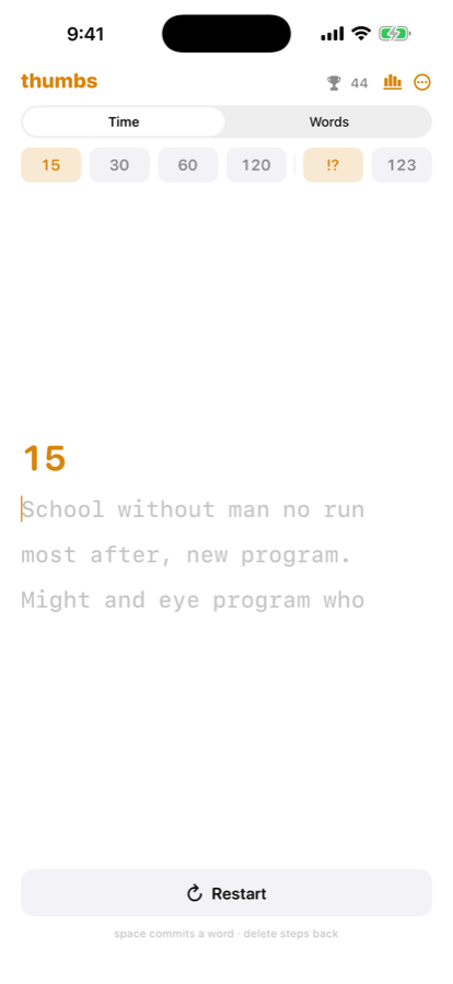 The setup screen with Time selected, a 15 second test chosen and punctuation switched on. The words below are generated as real sentences: School without man no run most after, new program. Might and eye program who.