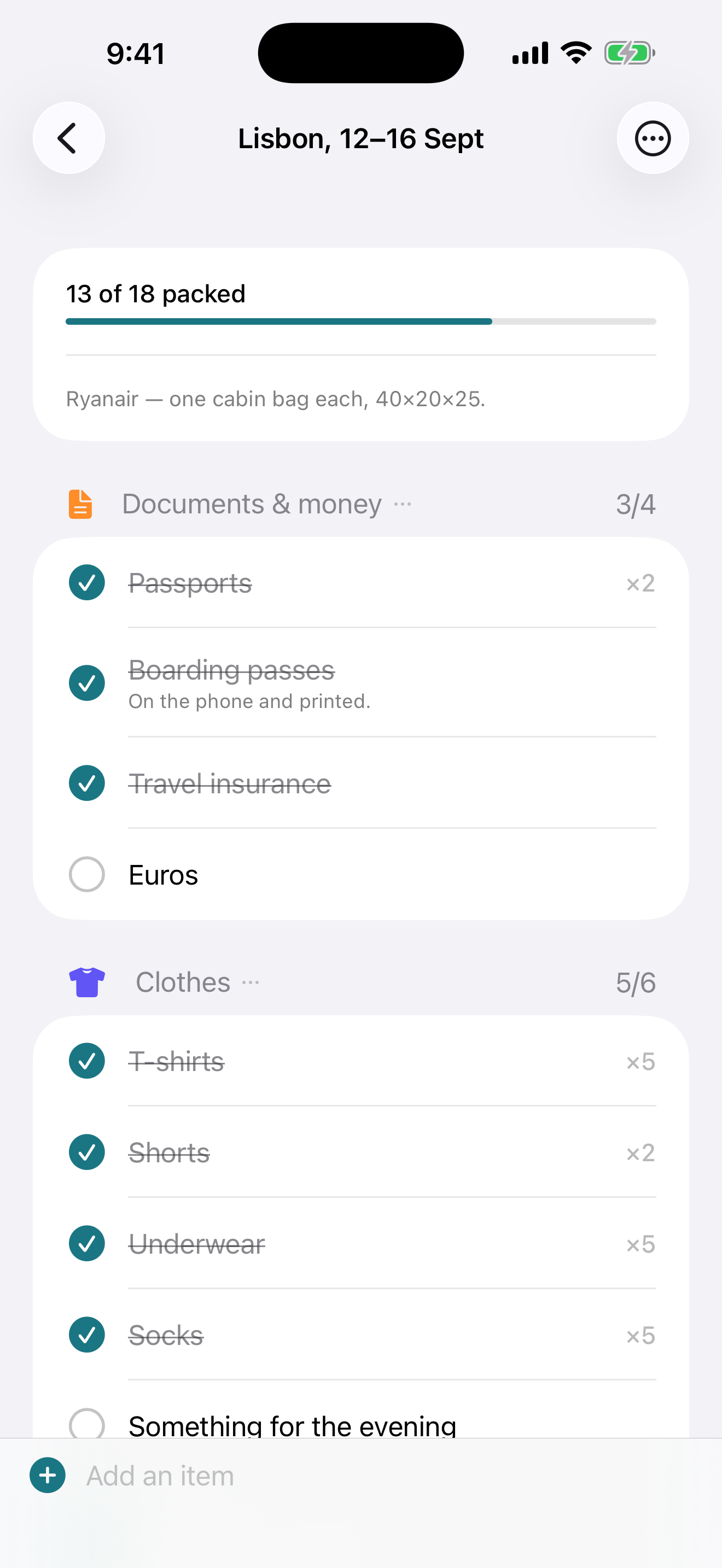 A trip list showing thirteen of eighteen packed, a note reading Ryanair one cabin bag each, and headings Documents and money with three of four ticked and Clothes with five of six, including Passports times two and T-shirts times five.
