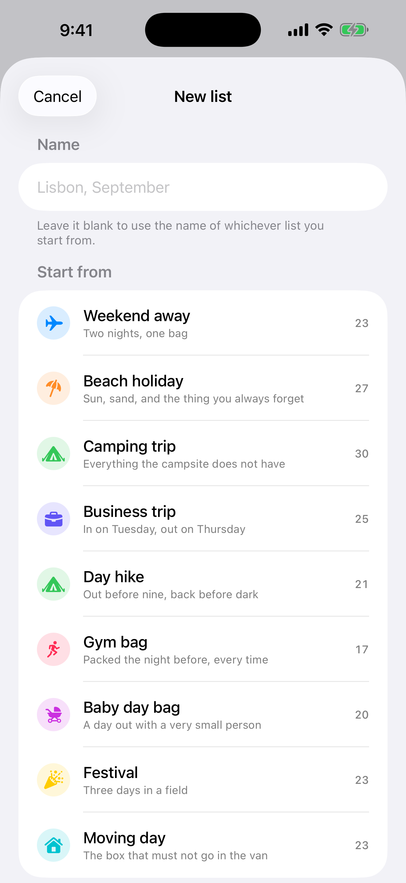 The New list screen offering nine starting points, each with an icon and an item count: Weekend away with 23, Beach holiday with 27, Camping trip with 30, Business trip with 25, Day hike with 21, Gym bag with 17, Baby day bag with 20, Festival with 23 and Moving day with 23.