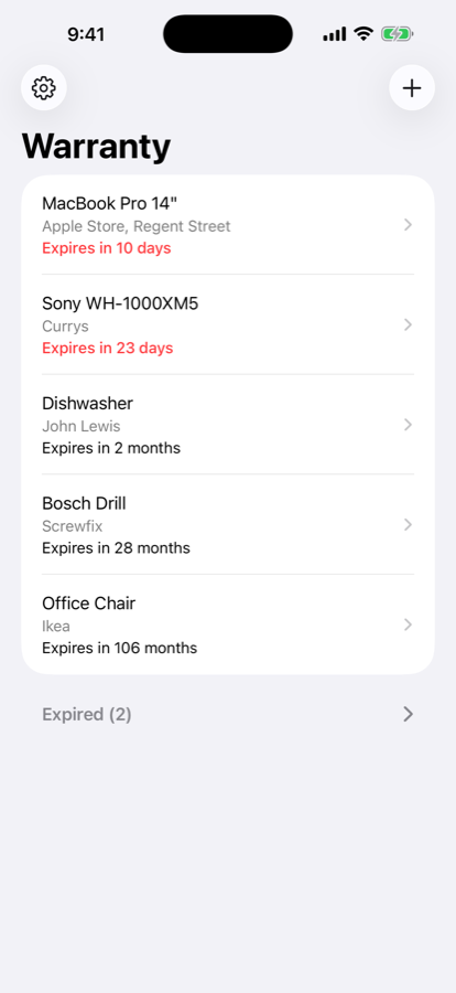The Warranty item list showing a MacBook Pro from the Apple Store expiring in 10 days and Sony headphones from Currys expiring in 23 days, both in red, above a dishwasher, a drill and an office chair in black, with a collapsed Expired section at the bottom.