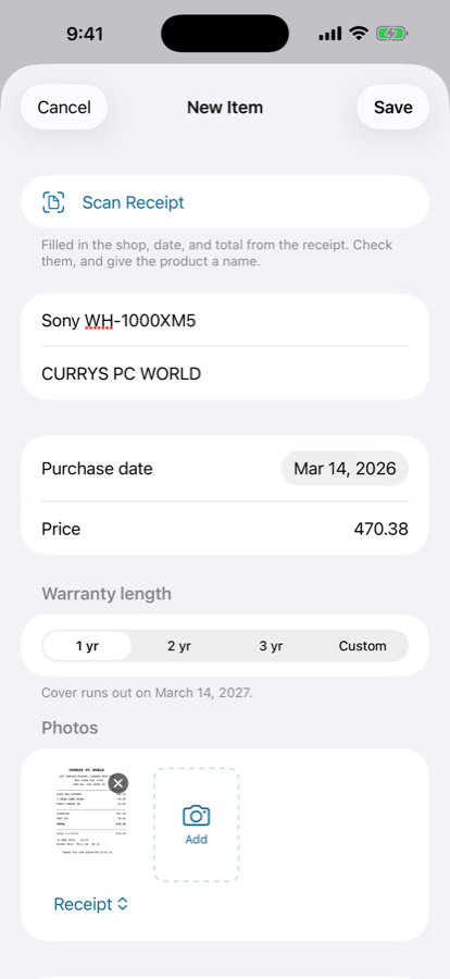 The new item form just after a scan, with the shop filled in as CURRYS PC WORLD, the purchase date as 14 March 2026 and the price as 470.38, a note underneath saying what was filled in, and the receipt photo attached.