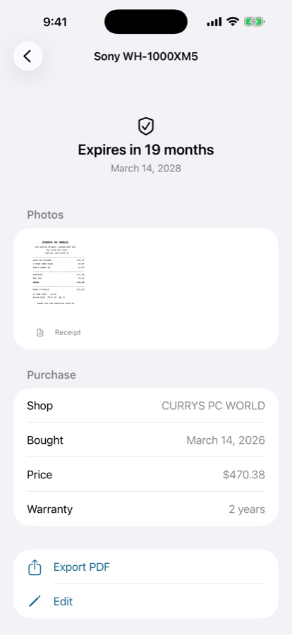 The detail screen for Sony WH-1000XM5 showing Expires in 19 months above the expiry date, the receipt photo, the shop, purchase date, price and warranty length, and buttons to export a PDF or edit.