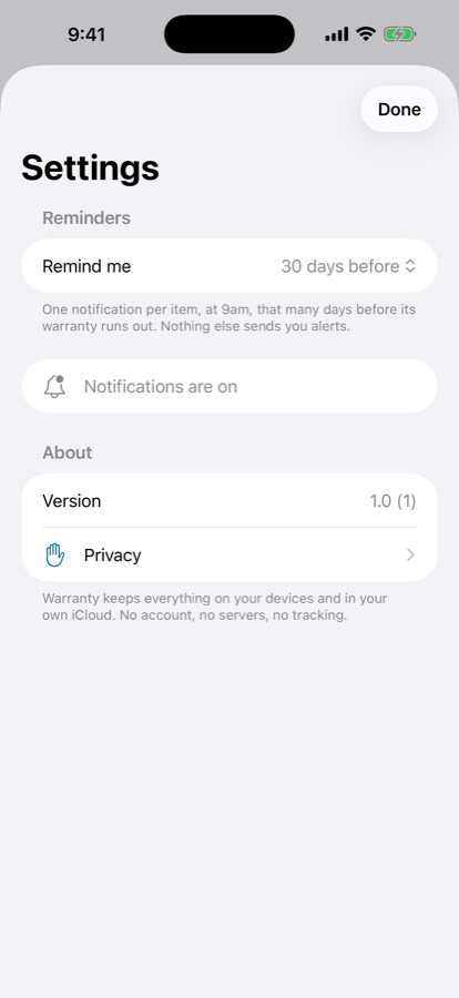The Settings screen with a Remind me row set to 30 days before, an explanation that there is one notification per item at 9am, a row confirming notifications are on, and the app version.