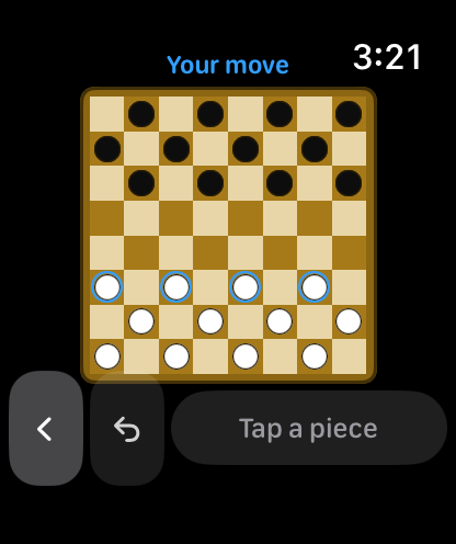 The board at the start of a game, with the player's movable pieces ringed in blue.