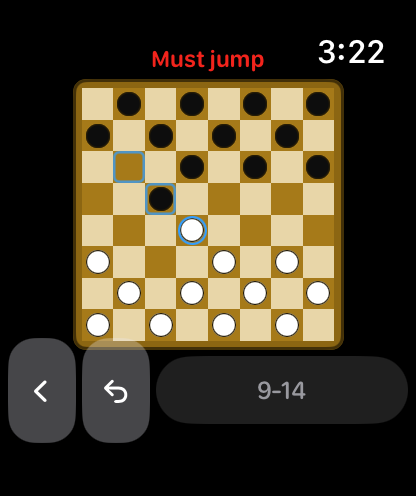 The board showing a forced capture, with the piece that would be taken marked.